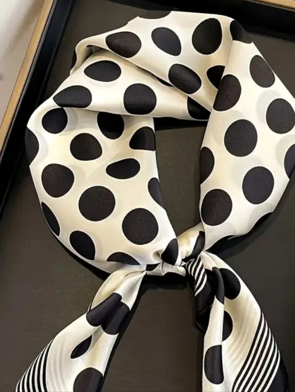 Silk-feel Black and Cream Polka Dot Scarf Head Scarf, Neck Scarf 70×70cm - Picture 3 of 4